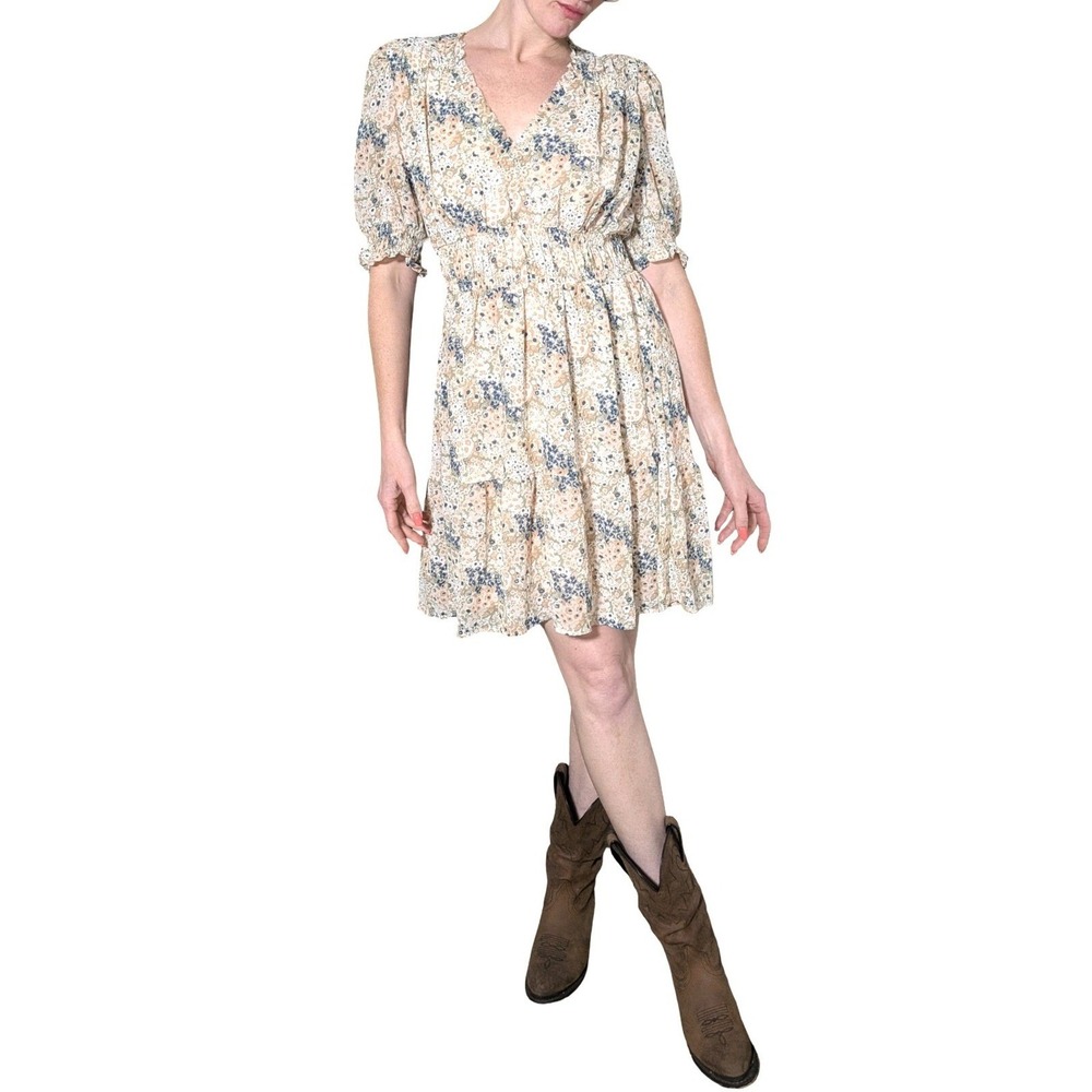 Gibsonlook Floral Smocked Mini Dress Peach Puff Sleeve Cottagecore Boho Size S